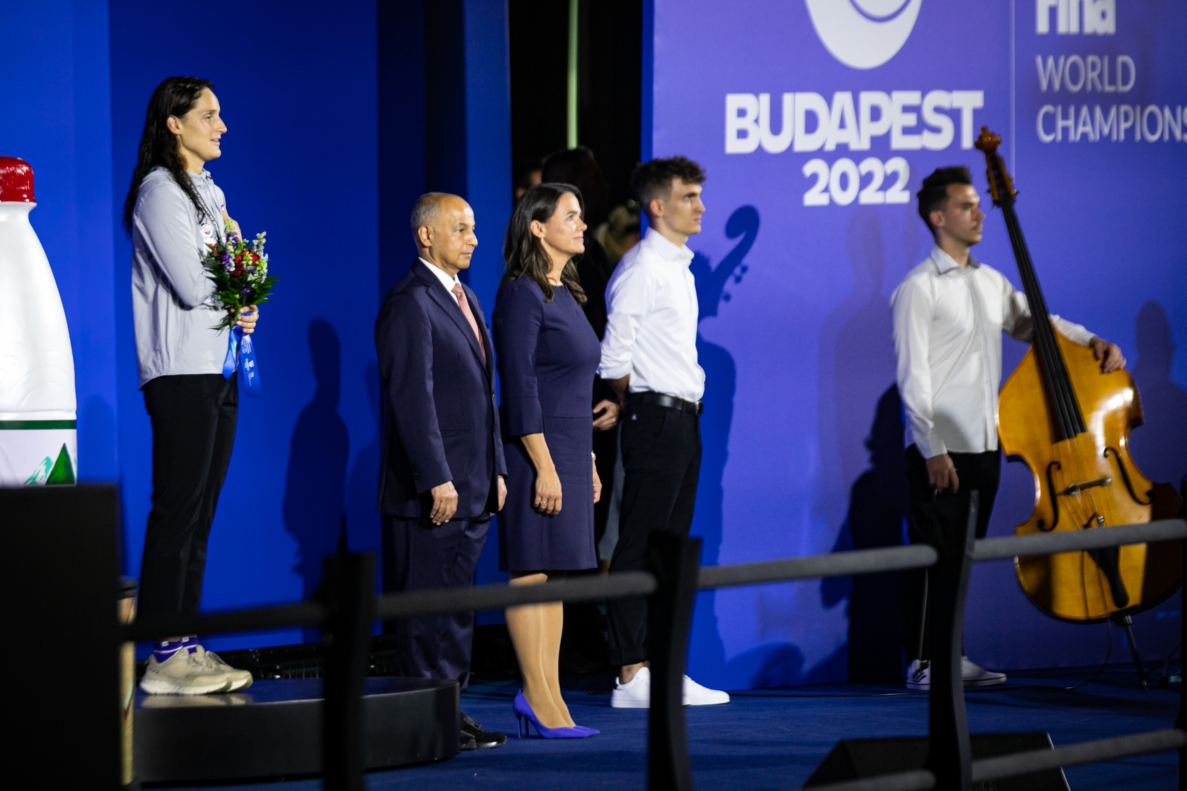 Novák Katalin a FINA megnyitóján 2022. június 18-án a FINA elnökével, Husszein el-Musszalam-mal